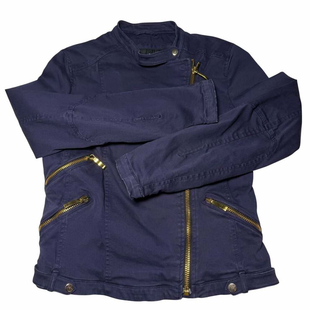 Zara Basic Navy Blue Moto Biker Jacket with Gold Zippers Size L